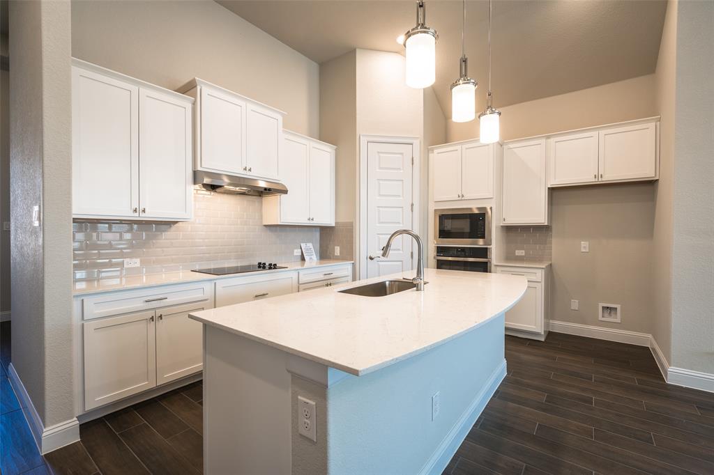 113 Old Trinity Way Georgetown, TX 78628 - Photo 3 of 27 Kitchen featuring backsplash, white cabinetry, wood finish floors, and hanging light fixtures