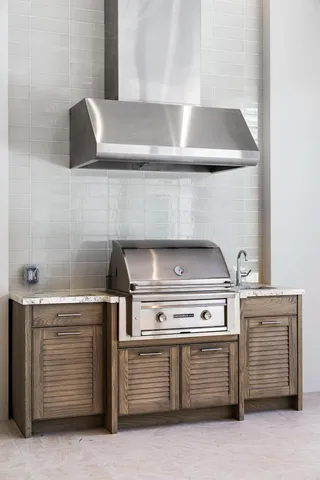 a close view of stove and microwave