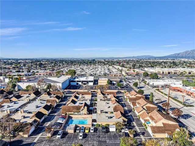 an aerial view of a with a patio