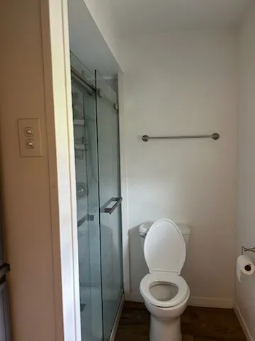 a bathroom with a toilet and a shower