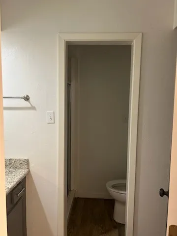 a bathroom with a granite countertop toilet and a sink