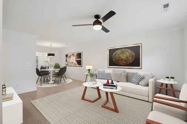 a living room with furniture and a rug