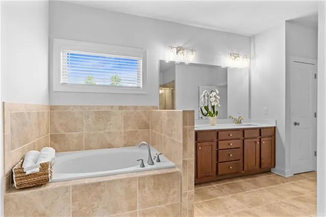 a bathroom with a tub sink and mirror