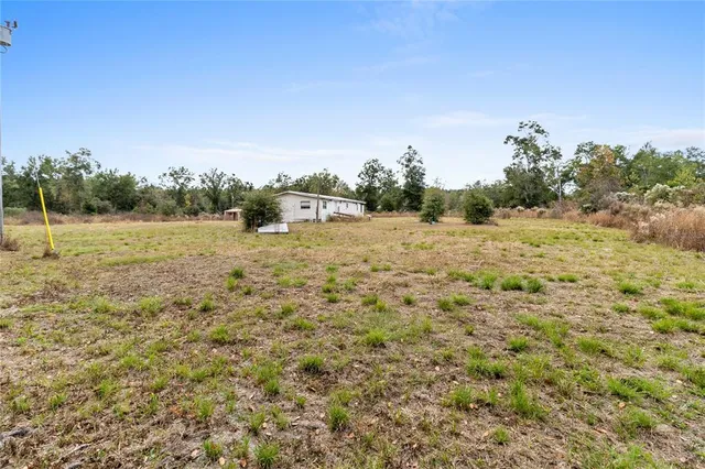 a view of field with trees in background