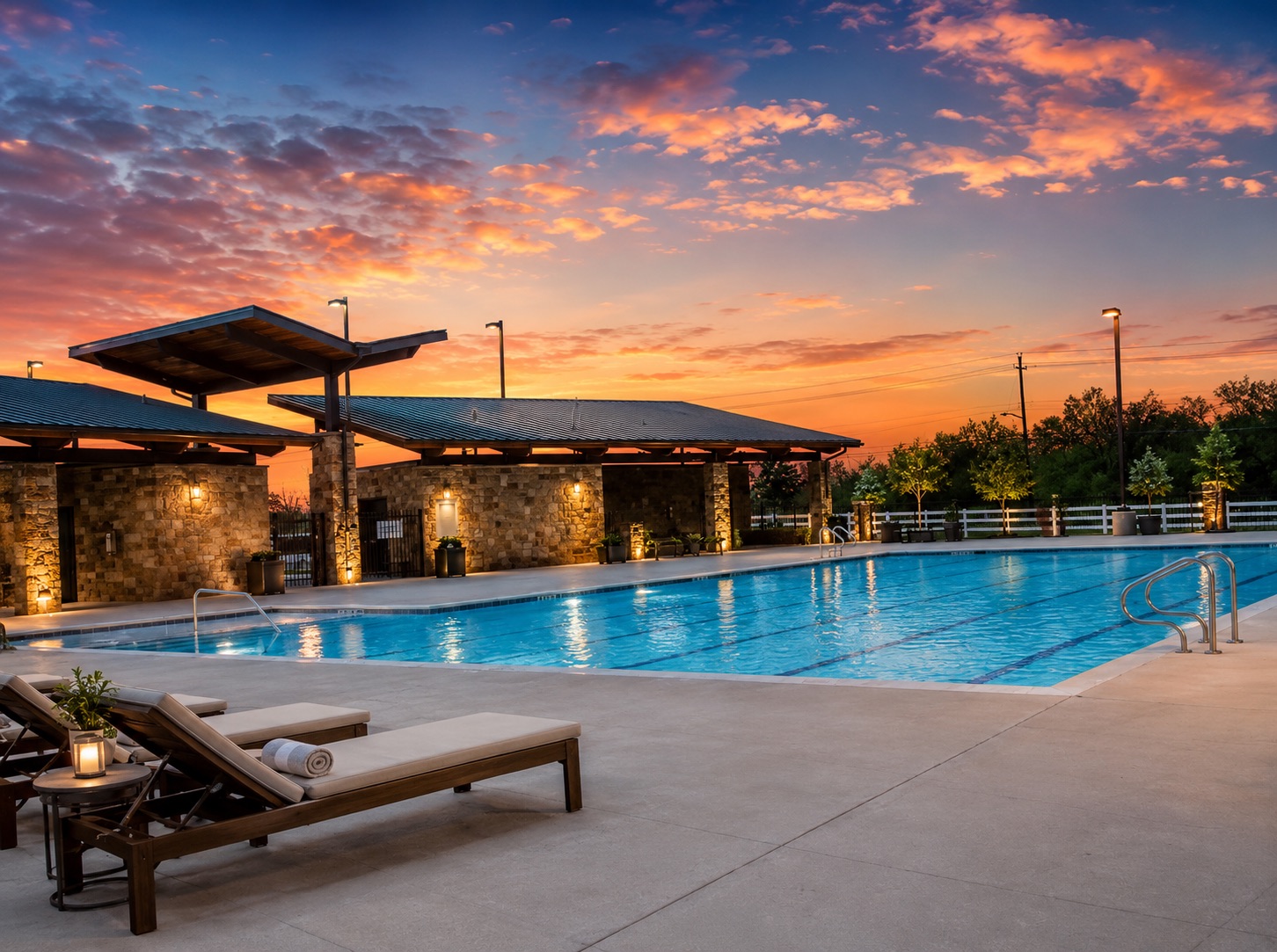 10413 Crescendo Lane Austin, TX 78747 - Photo 31 of 32 Twilight hues illuminate this resort-style pool with covered outdoor spaces and lounge chairs.