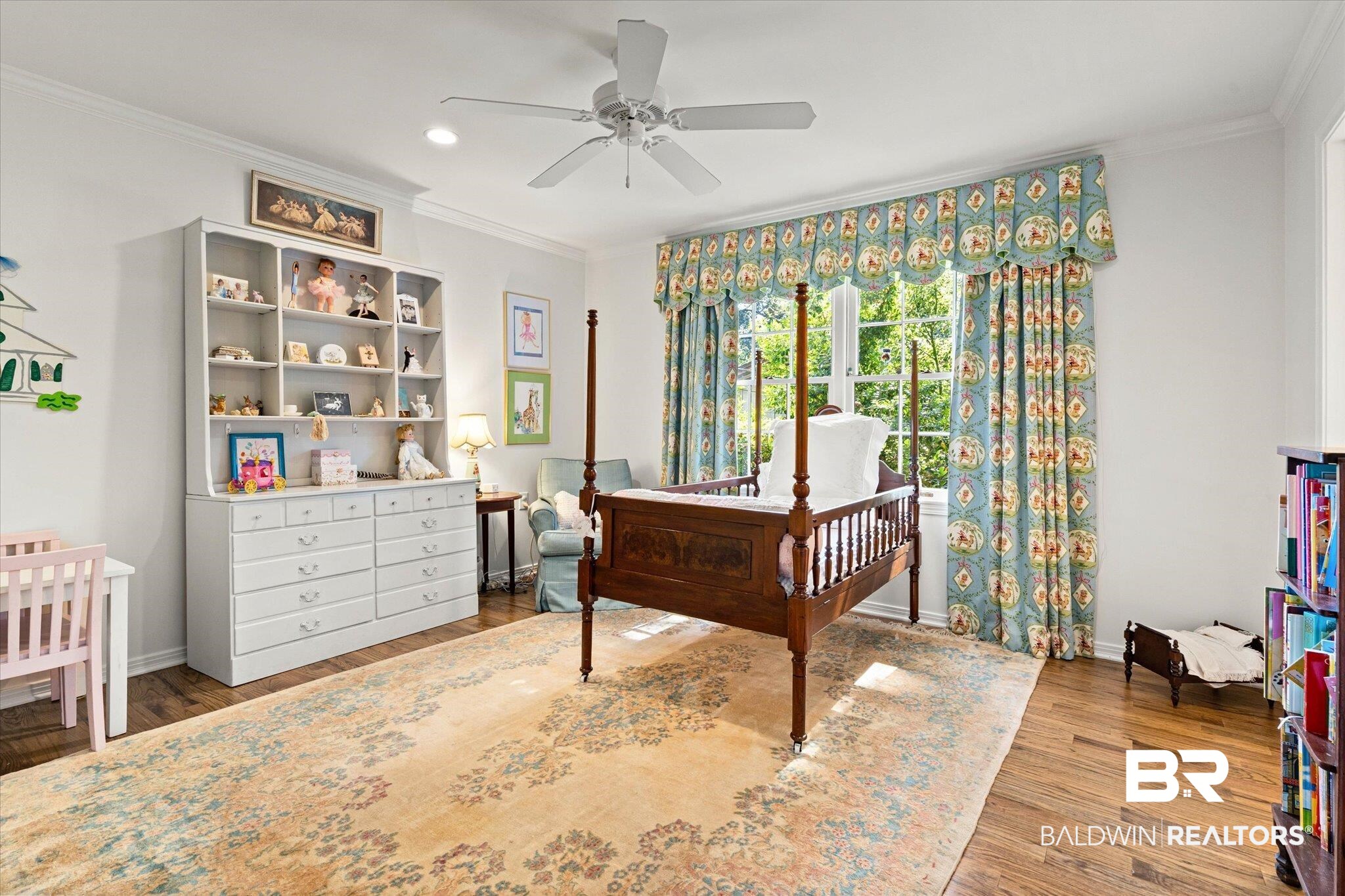 3612 Linden Lane Mobile, AL 36608 - Photo 23 of 42 Bedroom with crown molding, wood finished floors, recessed lighting, and a ceiling fan