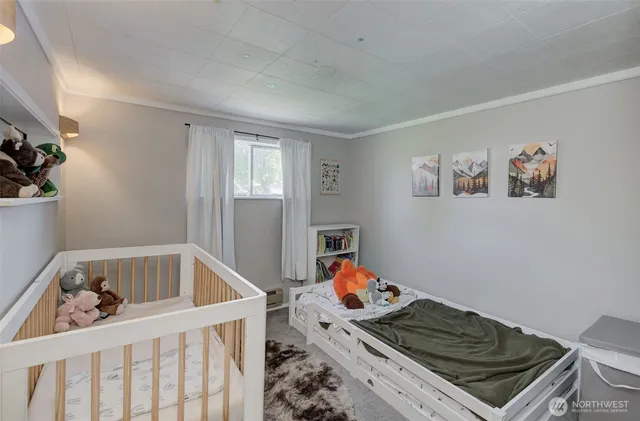 a bedroom with baby bed and a window