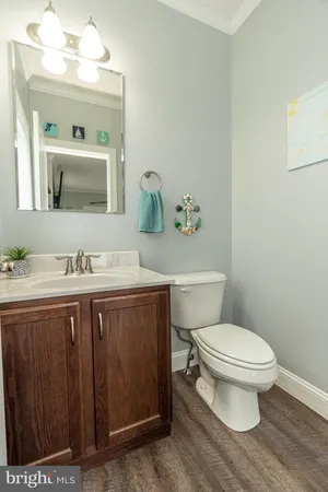 a bathroom with a granite countertop toilet sink and mirror