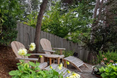 a view of a backyard with chairs and a flower pot