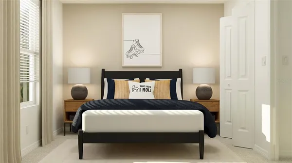 a bedroom with a bed and painting on the wall