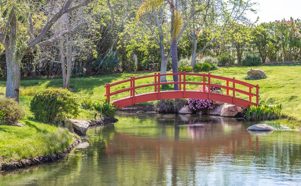 Stunning Japanese style red bridges over water and mature stunning landscape