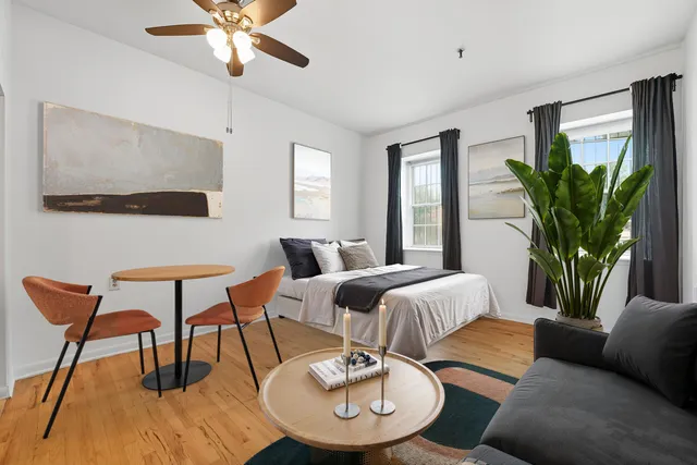 a living room with furniture and a potted plant