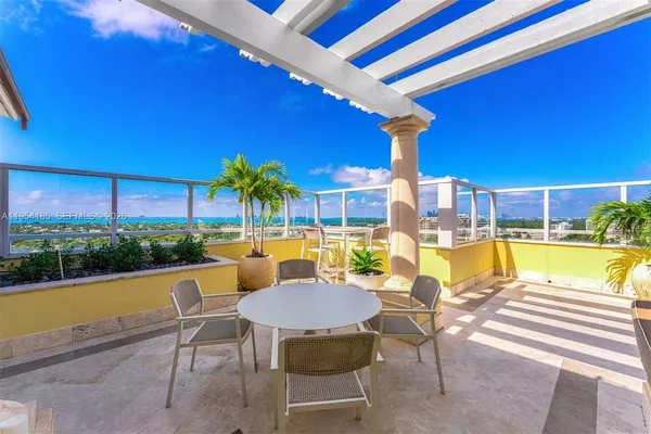 a view of swimming pool with outdoor seating and city view