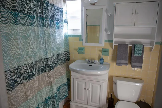 a bathroom with a sink toilet and shower