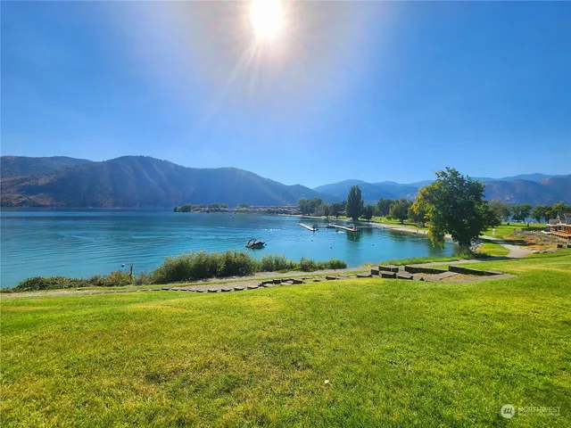 a view of a lake with a mountain in the background