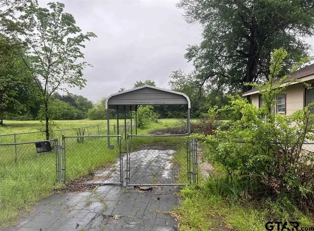 a garden view with a seating space