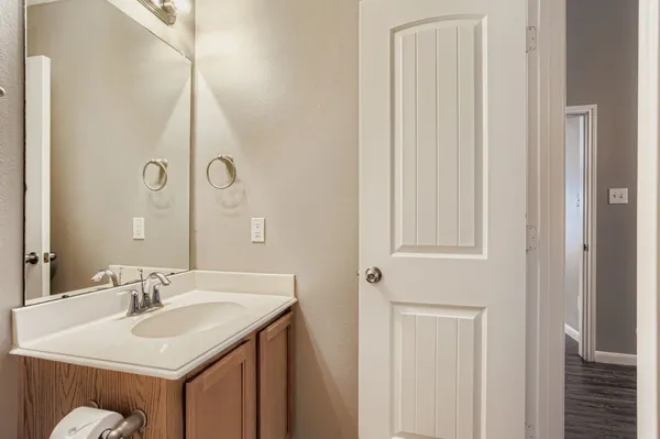 a bathroom with a sink and a mirror