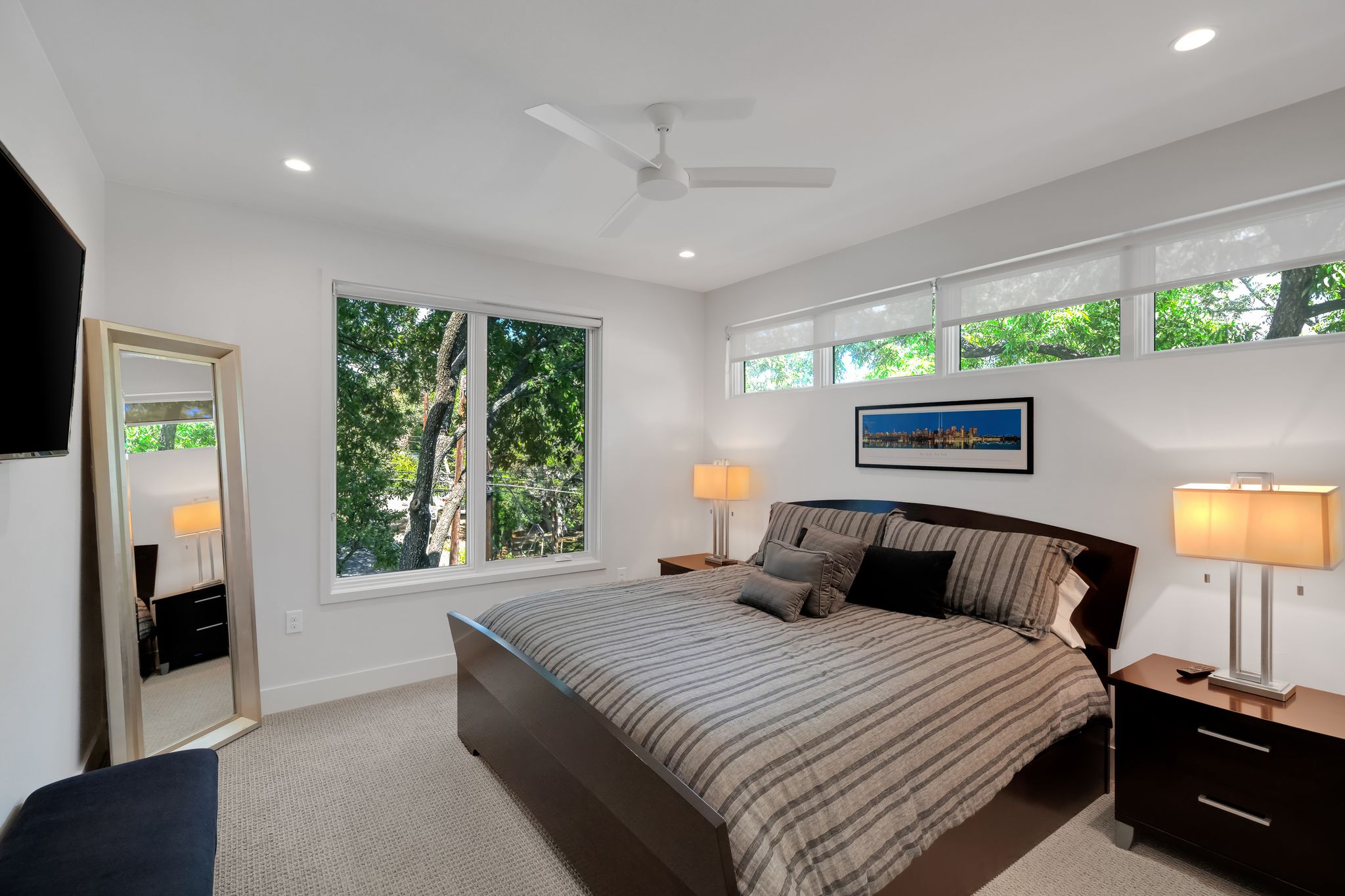 809 Bouldin Avenue Austin, TX 78704 - Photo 18 of 39 Bedroom with light carpet, a ceiling fan, and recessed lighting