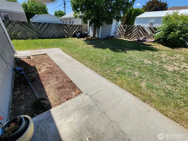 a view of a backyard with potted plants