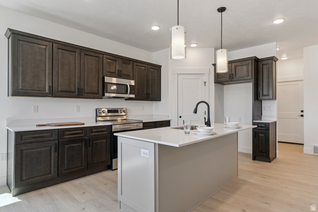 5777 West 4100 South Hooper, UT 84315 - Photo 9 of 41 Kitchen with stainless steel appliances, dark wood finish cabinets, light wood finished floors, and an island with sink