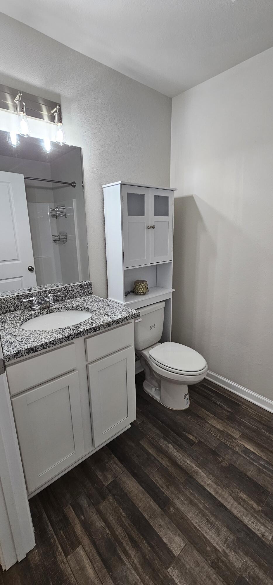 460 Riverwalk Circle Freeport, FL 32439 - Photo 14 of 25 a bathroom with a granite countertop toilet a sink and a mirror