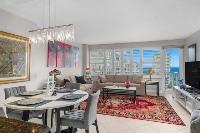 a view of a dining room with furniture