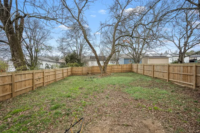 a view of a yard with a tiny house and a large tree