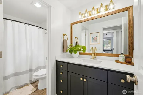 a bathroom with a sink vanity mirror and toilet