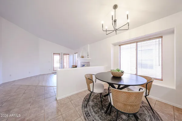 a view of a dining room with furniture