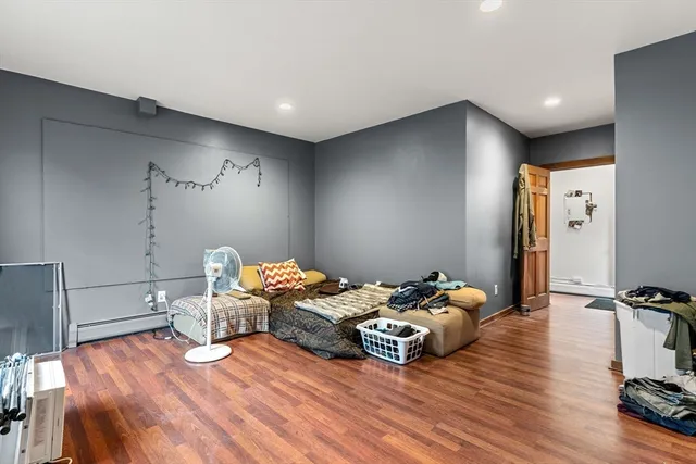 a living room with furniture and a table
