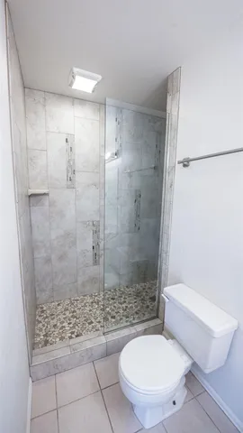 a bathroom with a shower and a toilet