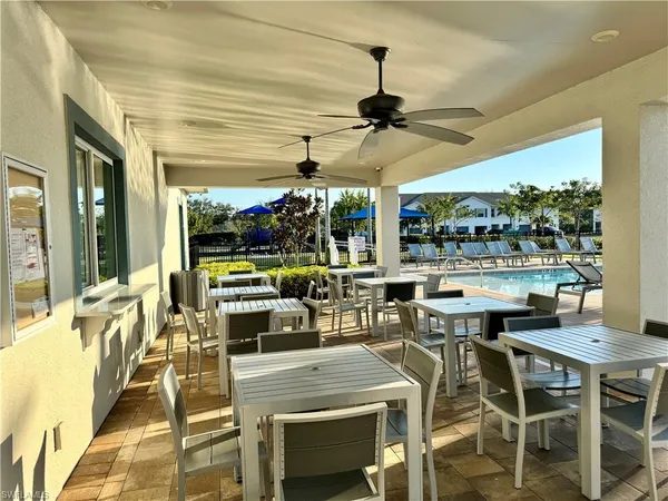 a view of a swimming pool with outdoor seating