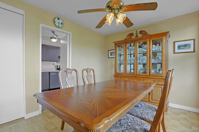 a view of a dining room with furniture