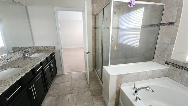 a bathroom with a granite countertop sink a bathtub and shower