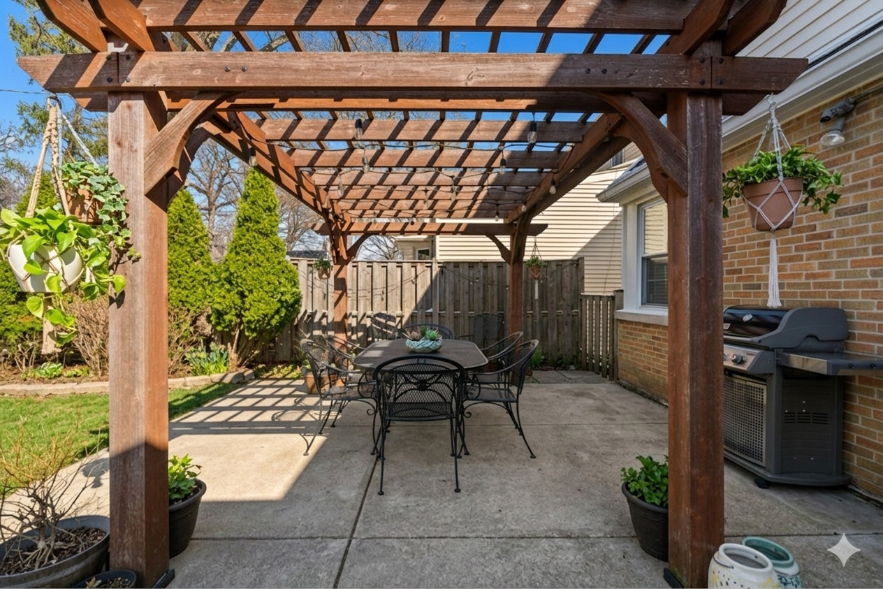 1104 South Lincoln Avenue Park Ridge, IL 60068 - Photo 31 of 37 a view of a patio with table and chairs potted plants with floor to ceiling window and wooden fence
