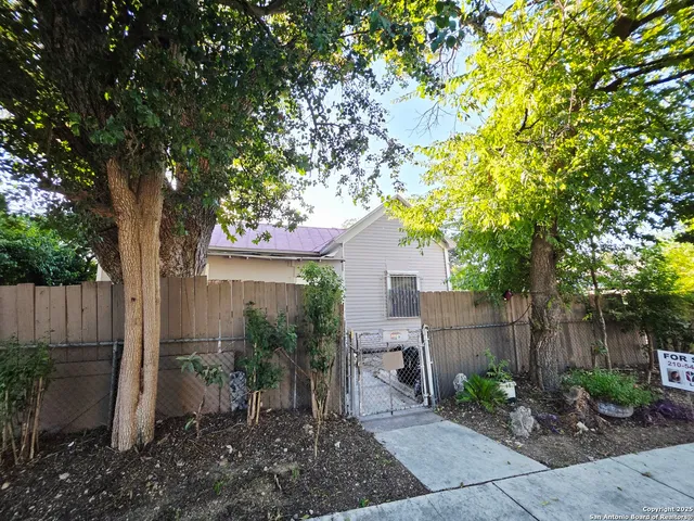 a view of a yard with plants and trees