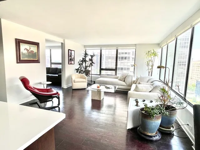 a living room with furniture and a potted plant