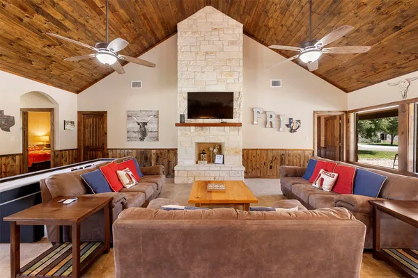 a living room with fireplace furniture and a flat screen tv