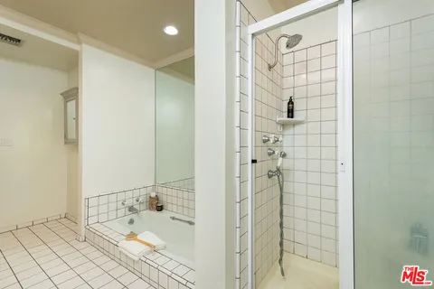 a bathroom with a bathtub and a shower