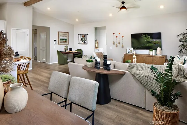 a living room with furniture a flat screen tv and a potted plant