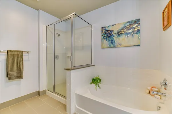 a bathroom with a bathtub and a shower
