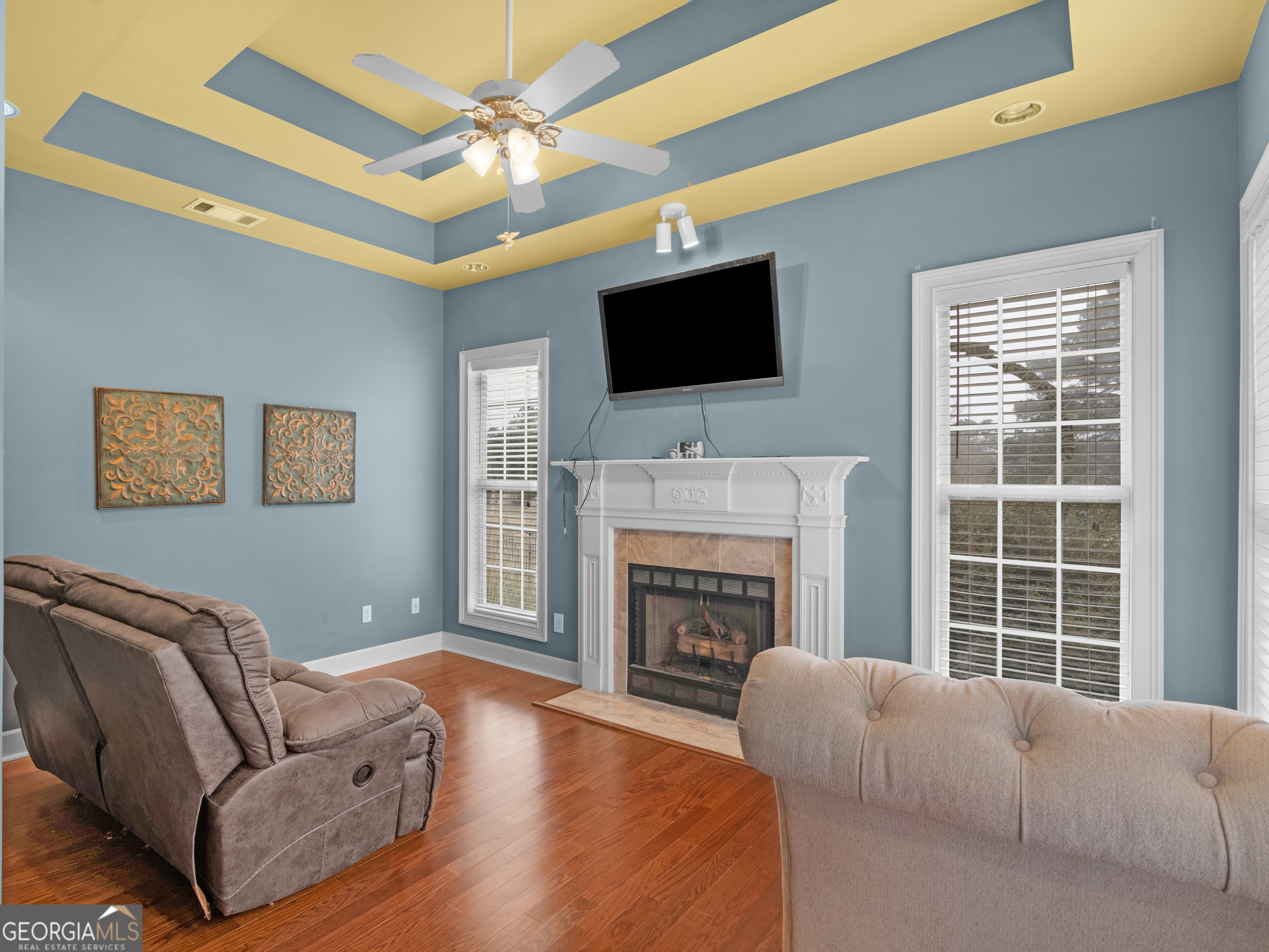 517 North Pine Hill Road Griffin, GA 30223 - Photo 12 of 25 a living room with furniture a flat screen tv and a fireplace