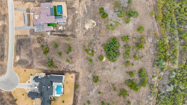 a view of a dry yard with trees in the background