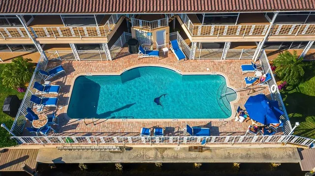 a outdoor view of water fountain and a terrace