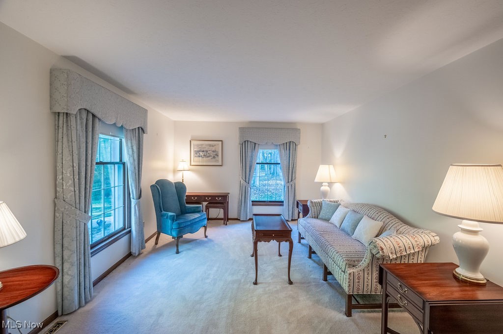 Sitting room featuring carpet flooring
