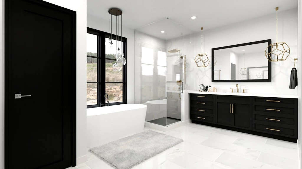 Crisp lines and contrasting finishes define this sleek master bathroom with a freestanding tub.