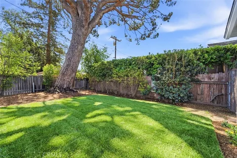 a view of a backyard with wooden fence and a large tree
