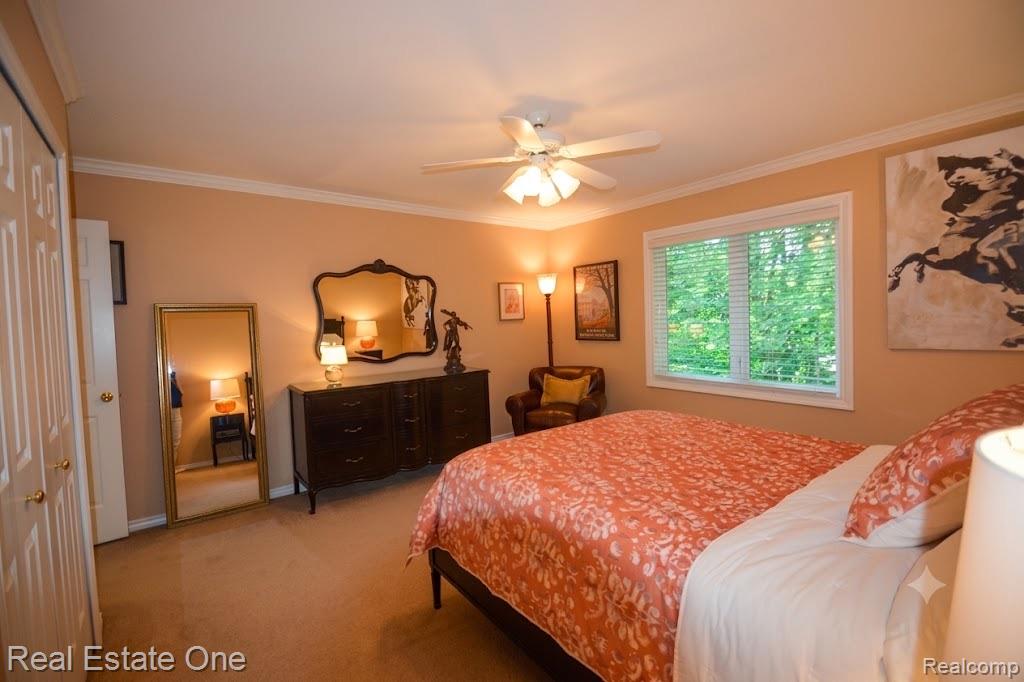1793 Skyline Drive Rochester, MI 48306 - Photo 25 of 38 Carpeted room featuring a ceiling fan with integrated lighting, crown molding, and a window with blinds overlooking greenery