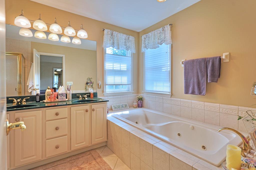 3280 Gun Club Road Nazareth, PA 18064 - Photo 18 of 34 a bathroom with a bathtub a double vanity sink and a mirror
