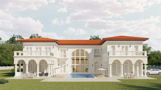 a front view of a house with a fountain